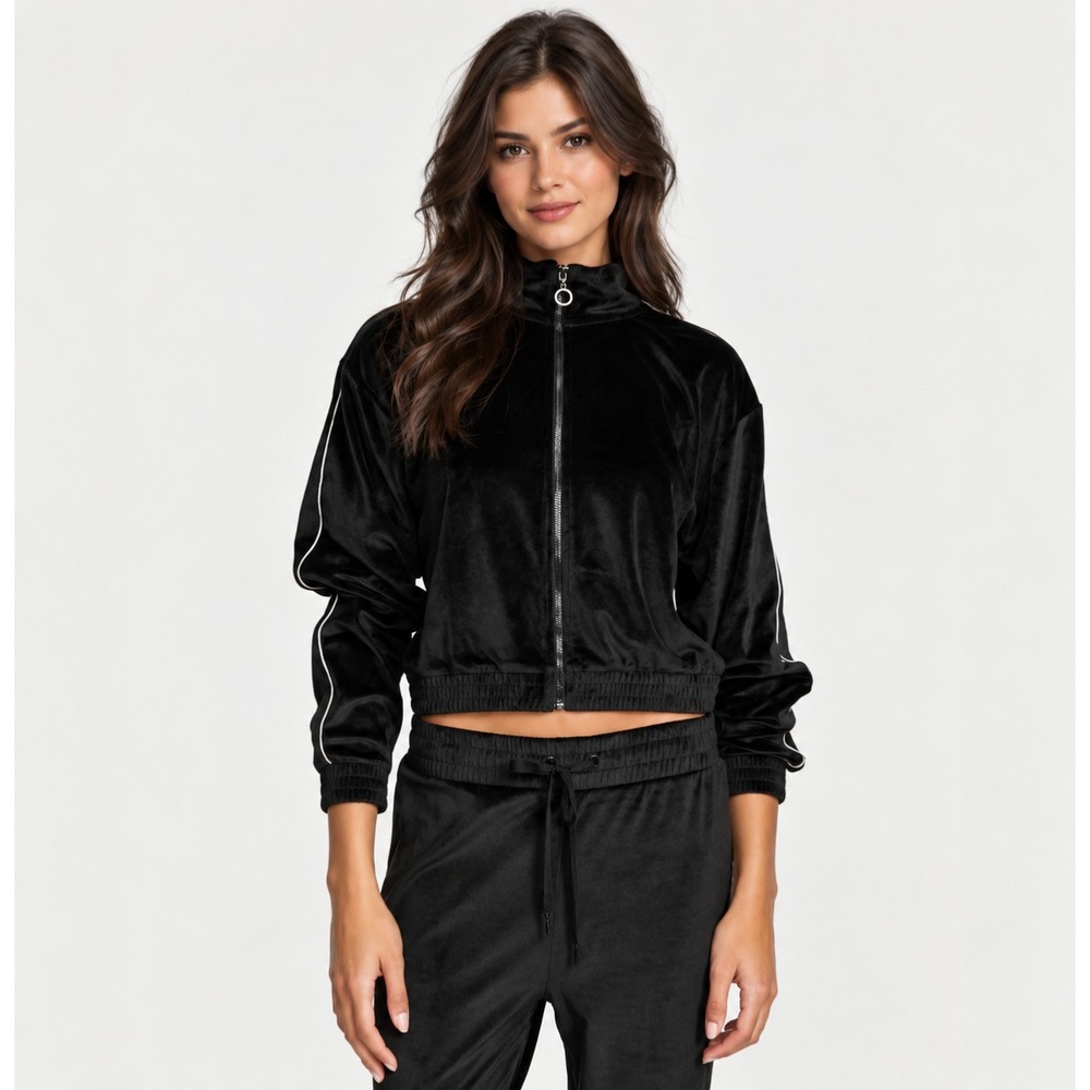 VICTORIA'S SECRET Women's Black Velour Diamante Track Jacket LARGE Rhinestone